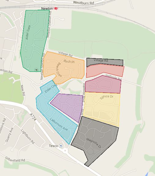 Map showing Neighbourhood Watch coverage areas for Drumsagard Village and Hallside